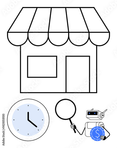 Shopfront representing retail business, clock for time management, magnifying glass for analysis, robot with coin for automation. Ideal for commerce, innovation, automation, data analysis, business
