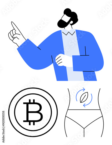 Wallpaper Mural Man gesturing with hand, Bitcoin symbol below, tummy with capsule and arrows. Ideal for finance, cryptocurrency, health, wellness, digestion healthcare innovation. Flat simple metaphor Torontodigital.ca