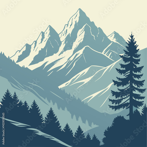 A minimalist illustration of a mountain range, with a soft blue palette and a subtle gradient effect.