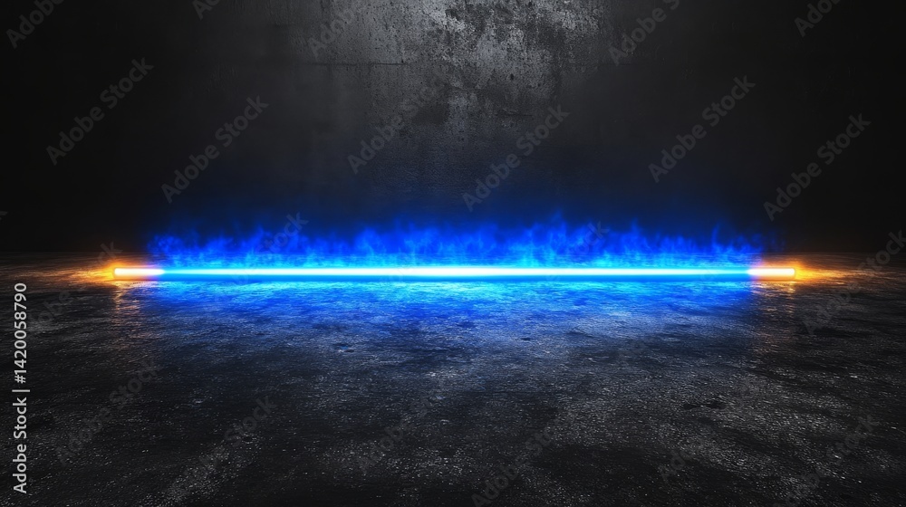 Fototapeta premium A dark surface is illuminated by converging blue laser beams, creating a futuristic neon effect