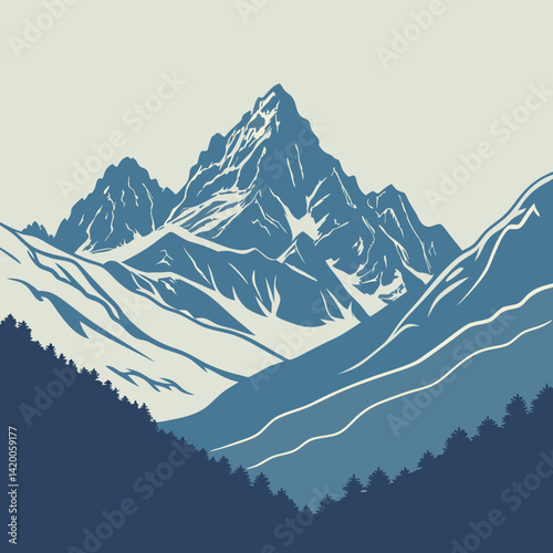 A minimalist illustration of a mountain range, with a soft blue palette and a subtle gradient effect.
