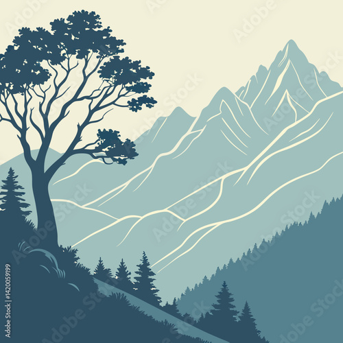 A minimalist illustration of a mountain range, with a soft blue palette and a subtle gradient effect.