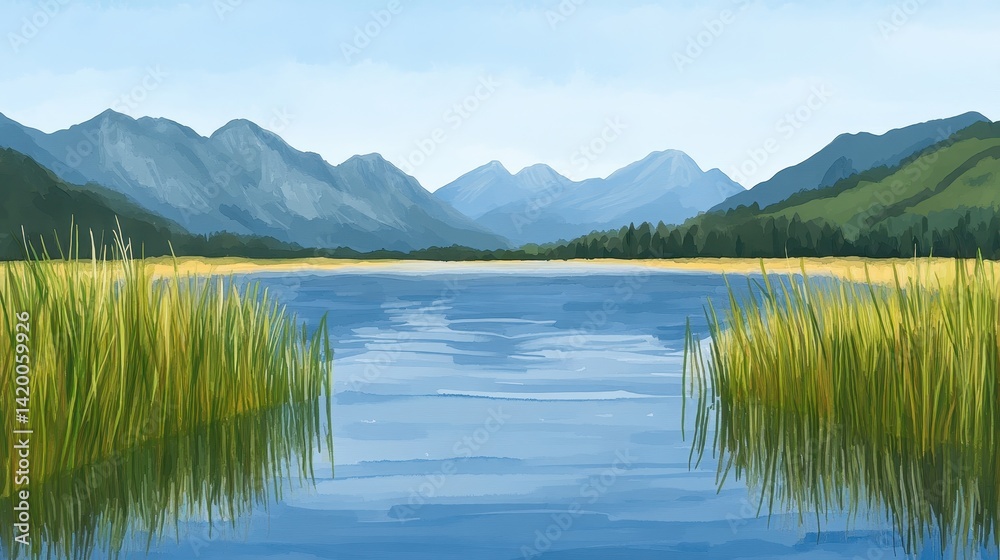 Serene lake view with mountains lush reeds reflecting in calm water Serene lake view with mountains lush reeds reflecting in calm water