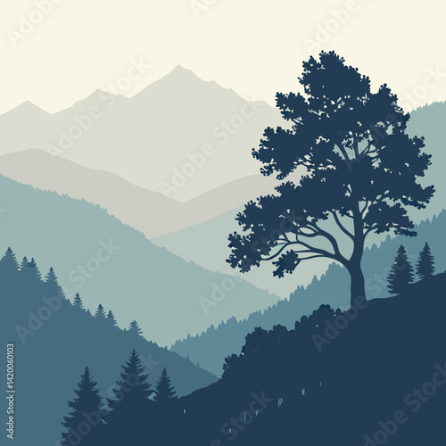 A minimalist illustration of a mountain range, with a soft blue palette and a subtle gradient effect.