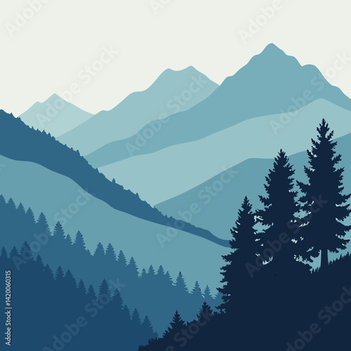 A minimalist illustration of a mountain range, with a soft blue palette and a subtle gradient effect.
