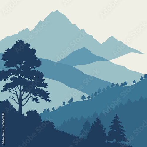 A minimalist illustration of a mountain range, with a soft blue palette and a subtle gradient effect.