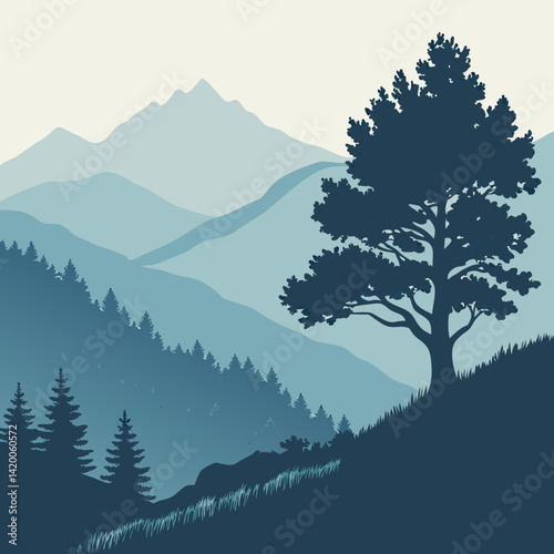 A minimalist illustration of a mountain range, with a soft blue palette and a subtle gradient effect.