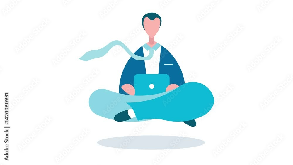 video, 4k, figura, ragazzo che lavora al computer, meditazione, yoga, concentrazione, uomo che lavora, sospeso