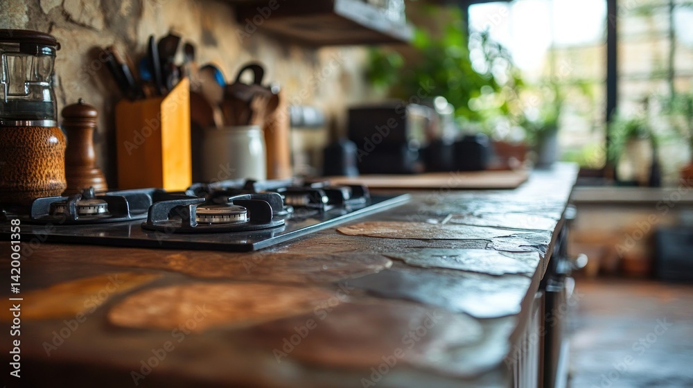 A close view of a kitchen counter with stove top A close view of a kitchen counter with stove top