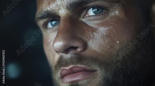 Close-up of a man's determined face, sweat glistening on his skin.  He appears focused and intense