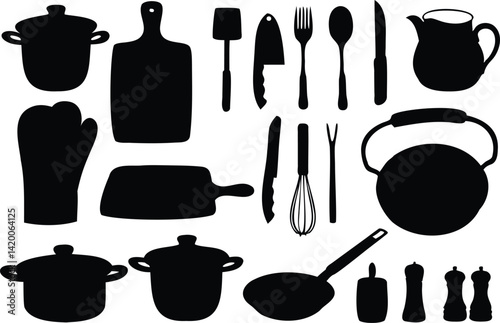 Minimalist black and white vector illustration of assorted kitchen utensils for cooking and baking