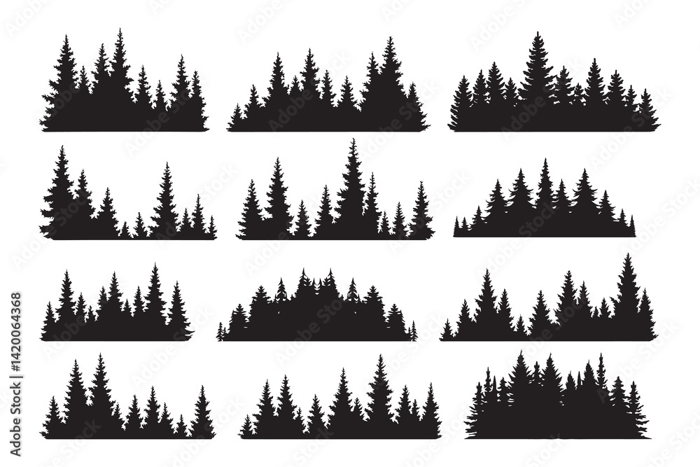 Silhouette of Forest of Christmas fir trees vector icon set illustration isolated on white background.