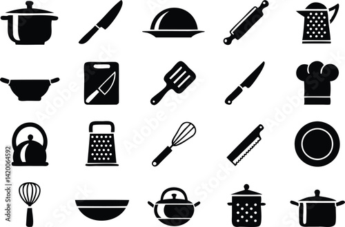Vector set of kitchen utensils and cooking tools icons including pots, knives, whisk, chef hat, graters, kettle, spatula, plate and rolling pin for culinary and food design projects