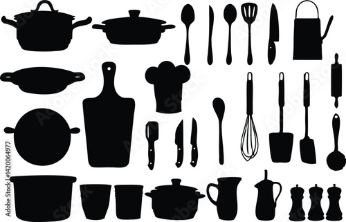 Set of black and white kitchen utensil silhouettes, including pots, pans, and tools, for culinary themes