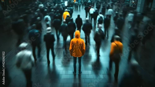 A melancholic figure in an orange jacket stands frozen in the middle of a fast-moving crowd, blurred figures around him symbolizing disconnection and loneliness