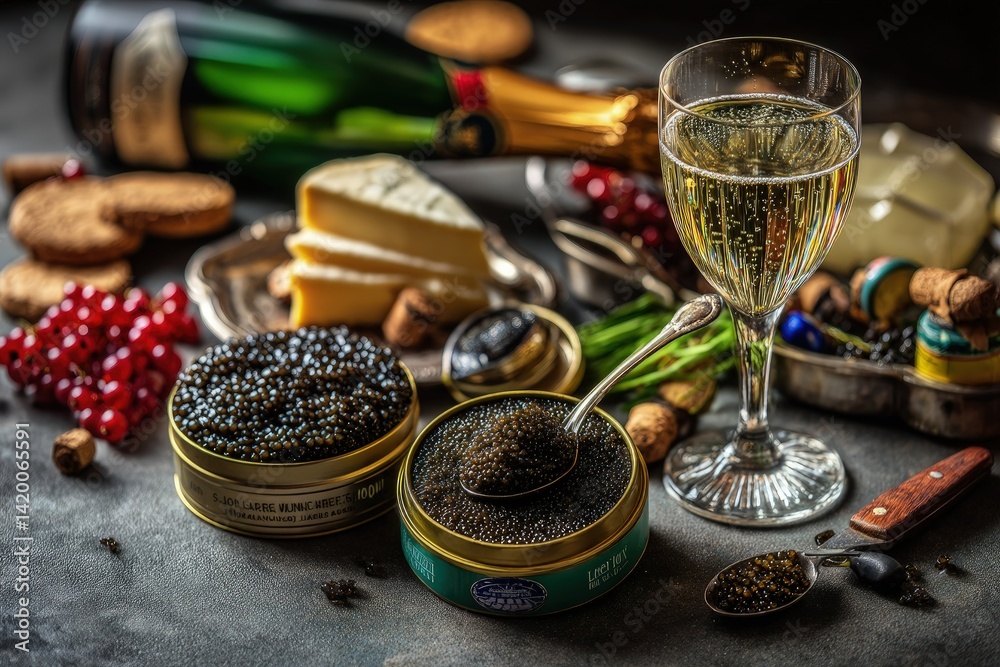 Fototapeta premium Luxurious Appetizer Champagne, Caviar, and Brie