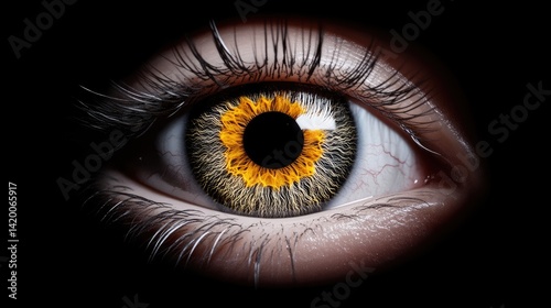 Close-up view of an eye with intricate sunflower design.  Detailed iris, lashes, and surrounding eye anatomy are visible