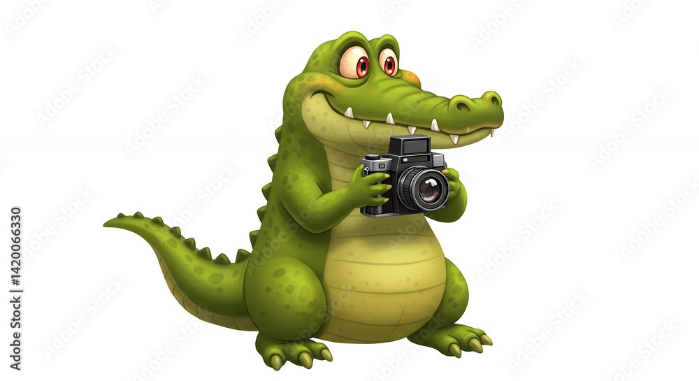 Fototapeta premium Cheerful cartoon crocodile photographer stock image