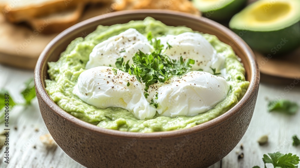 Poached Eggs Over Avocado Mash Served In a Wooden Bowl Poached Eggs Over Avocado Mash Served In a Wooden Bowl