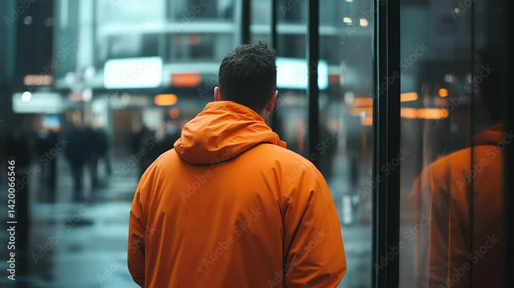 A man in an orange jacket, deep in thought, walks past a shop window reflecting the bright world around him, yet he feels invisible in the crowd