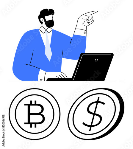 Man in suit pointing above while working on laptop, Bitcoin and Dollar coin icons below. Ideal for cryptocurrency, finance, investment, blockchain, digital payments, fintech economy. Flat simple