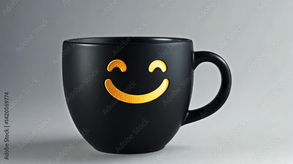 Charming Black Mug with a Golden Smile Emblem for Drinkware or Mood Boost