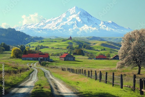 Wallpaper Mural Rural landscape with a dirt road leading to buildings and a snow-covered mountain. Torontodigital.ca