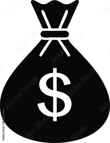  Black and white money bag icon with dollar sign, symbolizing wealth, finance, and savings for business and economic concepts