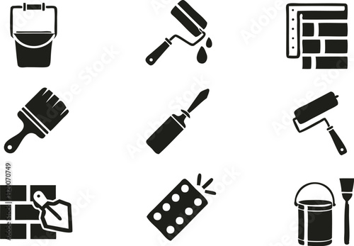 Painting and Construction Tools Silhouette Vector Set – Icons of Buckets, Rollers, Bricks, Trowels, Sponges, and Brushes for DIY Projects, Renovation Graphics, Interior Design, and Contractor Branding