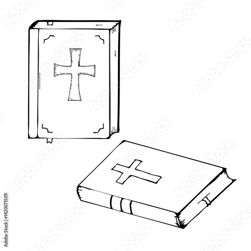 Religious theme first communion design with illustrated holy Bible. Black outlines, white background. Graphic art. Set of two Bibles with cross. For baptism, wedding invitation