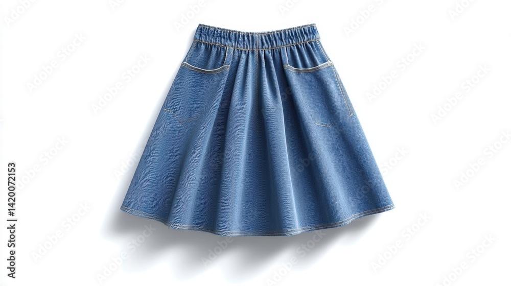 A-line denim skirt with pockets positioned symmetrically on a white background A-line denim skirt with pockets positioned symmetrically on a white background