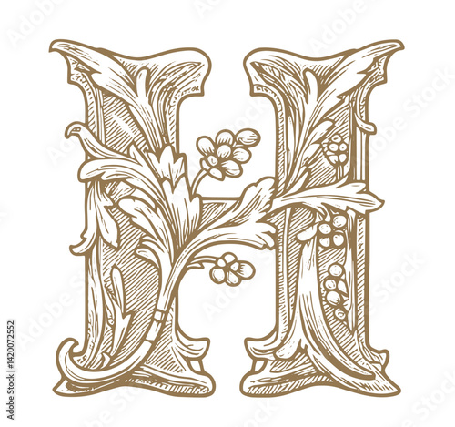 capital letter H. medieval capital letters in the style of the classic Baroque. victorian letters alphabet or number vector