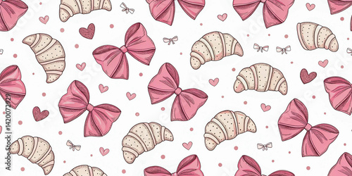 Cute Croissant and Pink Bow Pattern with Hearts
