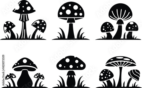 Mushroom Silhouette Vector Set – Whimsical Forest Fungi Icons with Grass for Fairy Tale Illustrations, Cottagecore Designs, Botanical Prints, Foraging Guides, Gardening, and Nature-Themed Artworks
