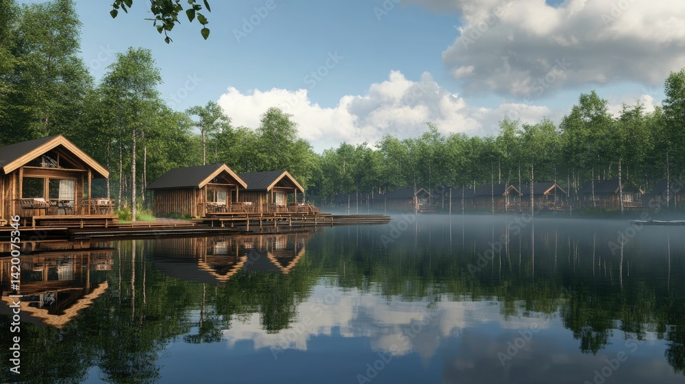 Fototapeta premium Wooden cabins, tranquil lake, forest reflection.