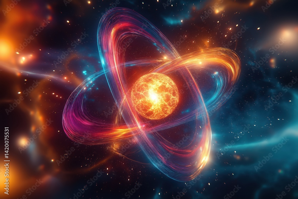 Obraz premium Electrons orbit glowing atom as luminous ribbons swirl in deep space
