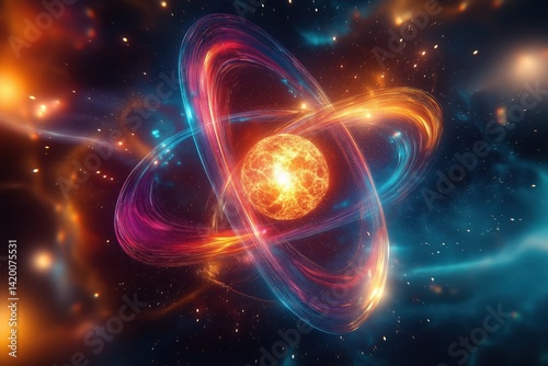 Electrons orbit glowing atom as luminous ribbons swirl in deep space