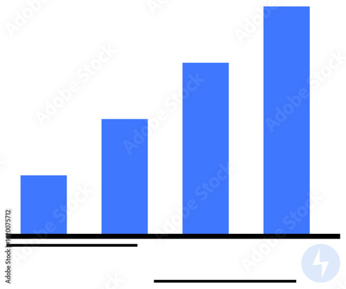 Blue ascending bar chart with four vertical bars representing growth, success, or data trends. Ideal for analytics, finance, education, marketing, business progress tracking technology. Flat simple