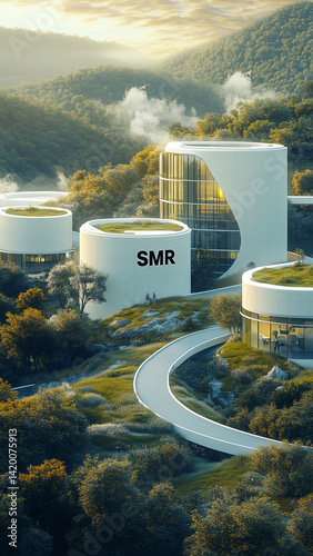 Small modular reactor (SMR) integrated within contemporary architecture, nuclear energy, compact reactor, reactor plant, nuclear facility, forest landscape, grassy fields