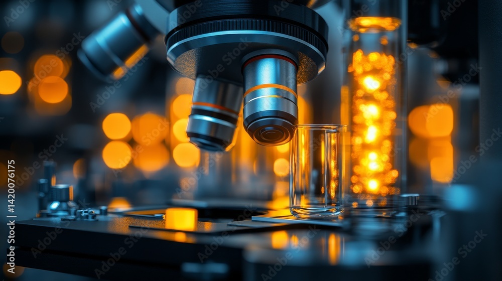 In a lab, a microscope is zoomed in on small red spheres situated on a shiny surface In a lab, a microscope is zoomed in on small red spheres situated on a shiny surface