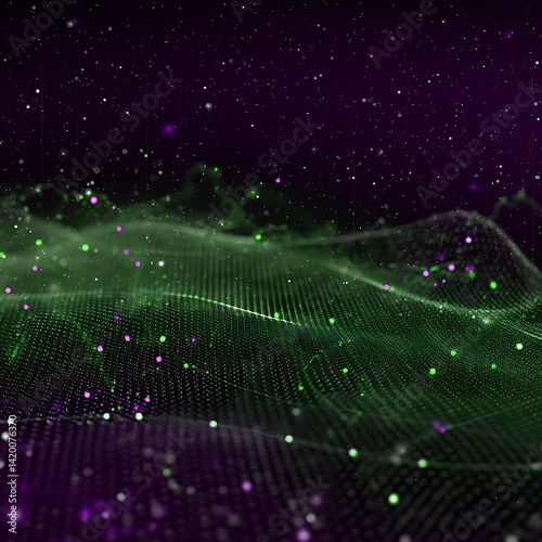 Digital Network Landscape with Abstract Green Matrix Over Purple Starry Space Concept Illustration