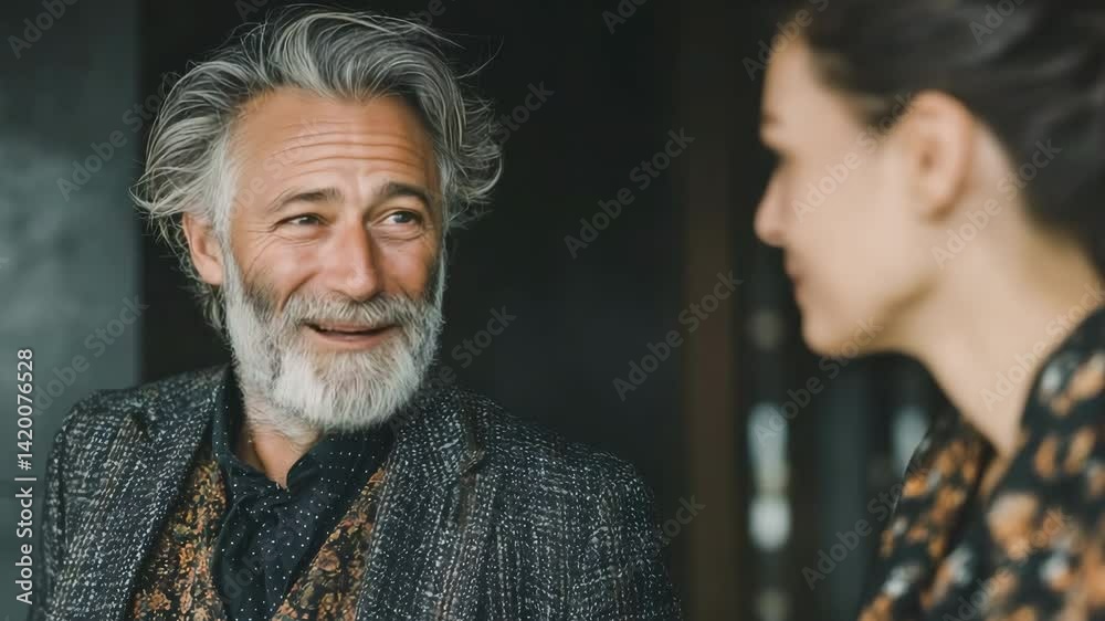 A businessman in a comfortable corporate office, grinning and talking to his female partner. A businessman in a comfortable corporate office, grinning and talking to his female partner.