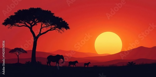 African savanna silhouette, acacia trees, sunset, wildlife, trees