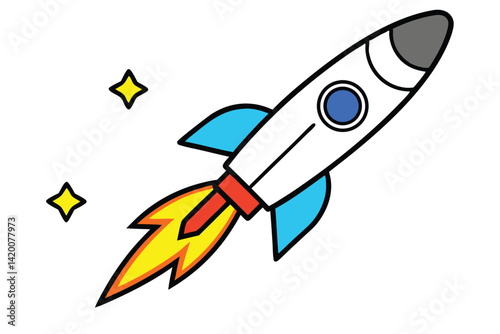 Design a colorful vector illustration of a cartoon-style rocket ship launching into space