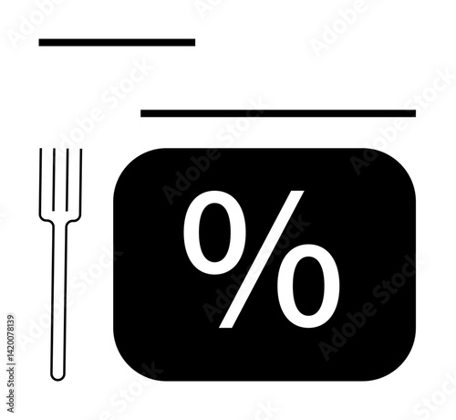 Fork beside black box containing percentage symbol, representing discounts or offers. Ideal for dining deals, promotions, savings, special offers, food pricing, restaurant marketing, flat simple
