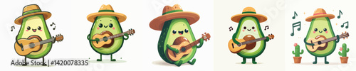 collection of cute avocado vectors playing guitar