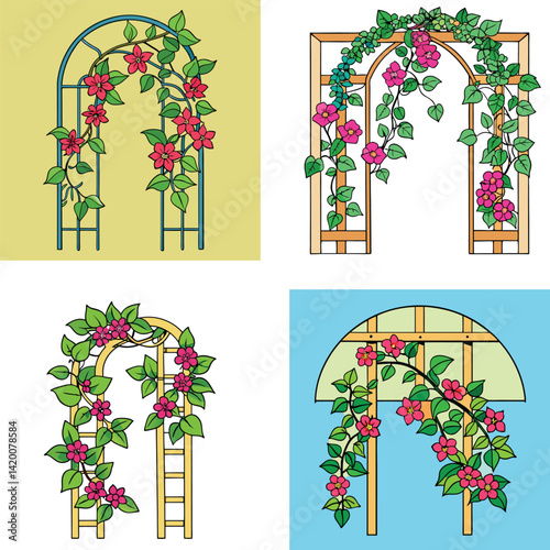 Four Garden Arbor Variations With Climbing Flowers And Vines Illustration