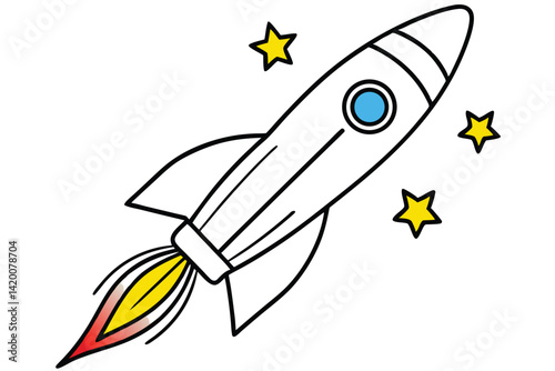 Design a colorful vector illustration of a cartoon-style rocket ship launching into space