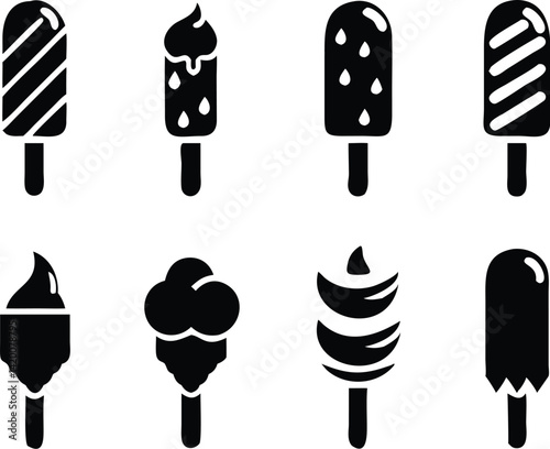 collection of eight vector icons of frozen treats  silhouette set