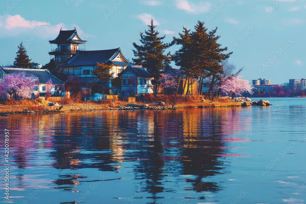 Fototapeta premium Serene Spring Day at Japanese Lakeside Village
